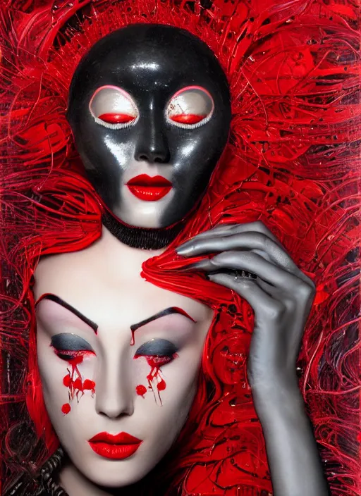 Image similar to a close up portrait of a woman with dark eye - shadow and red lips with dark slicked back hair, a mask made of wire and beads, dreaming acid - fueled hallucinations, psychedelic by serge lutens, rolf armstrong, delphin enjolras, peter elson, red cloth background, frilled blooming collar