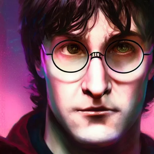 Image similar to closeup portrait of Harry Potter with faciap in cyberpunk, neon lighting, holding laser wand, digital art from artstation by Ruan Jia and Mandy Jurgens and Artgerm and william-adolphe bouguereau and Greg Rutkowski and Wayne Barlowe