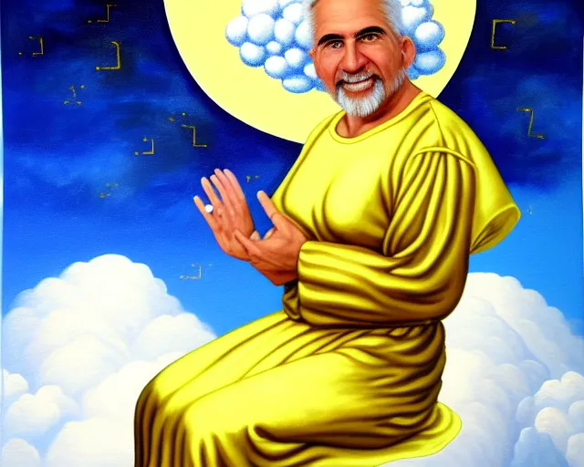 Prompt: terry davis is sitting on the clouds, terry has golden nimbus over his head, terry wears white dress, detailed painting