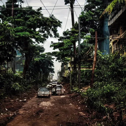 Prompt: post apocalyptic city of lagos with forests and overgrown vegetation photography