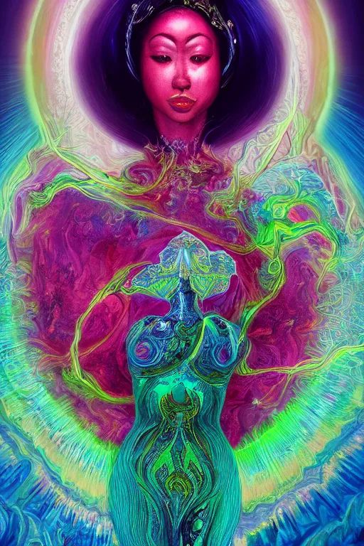 Image similar to overdetailed maximalist fullbody portrait of a beautiful female energy being transcending to her true form while floating over a surreal landscape. Made by oozium, inspired by silvio vieira, overpainted by loish. 8k 3d realistic render. Bright, sacred, spiritual, dawn, backlit, calm, relaxed, dynamic, ethereal, arcane, intricate, mysterious, dramatic, cinematic. Seen from below. Overpaint by phazed