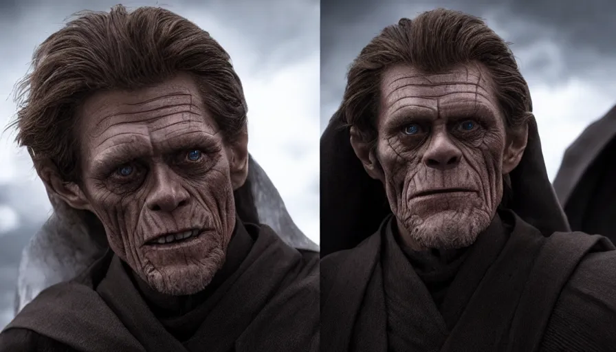 Prompt: Willem Dafoe as a Sith Lord, cinematic lighting, close-up, Star Wars cinematography