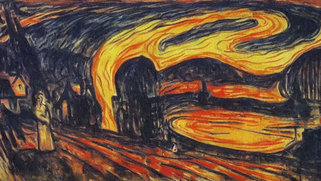 Image similar to a burning town, tragic painting by edvard munch