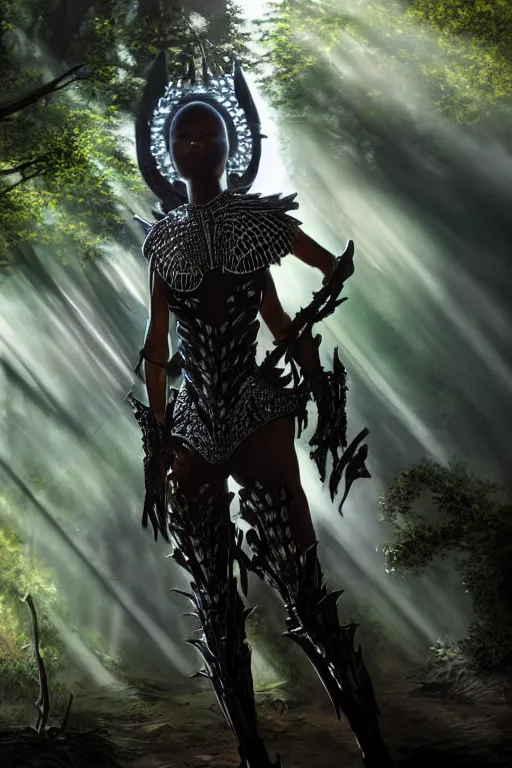 Prompt: hyperrealistic long shot mithra gorgeous black woman intricate exoskeleton bone armor in a forest sun behind her god rays highly detailed concept art eric zener elson peter cinematic low angle hd 8k sharp rack focus