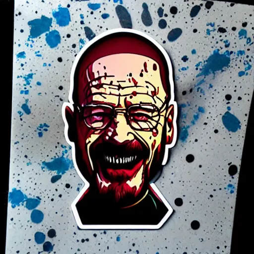 Image similar to die cut sticker, walter white laughing like the joker, splatter paint