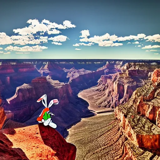 Prompt: Looney Toon\'s Bugs Bunny in front of the Grand Canyon, sweating profusely, photography, HDR, 4k, 8k