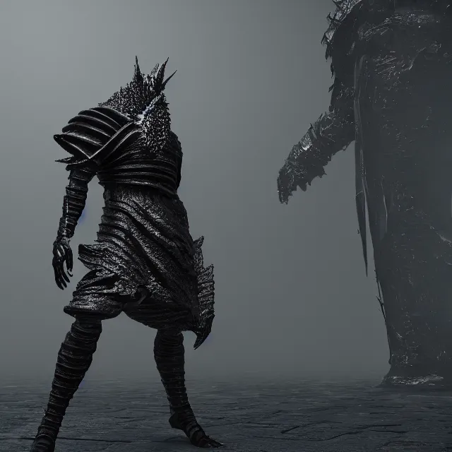 Image similar to balenciaga fashion monster reimagined as a boss in dark souls, dark cinematic, volumetric, realistic, cinematic lighting, ray tracing, unreal engine 5, unreal engine render, octane render, hyper realistic, photo, 8 k