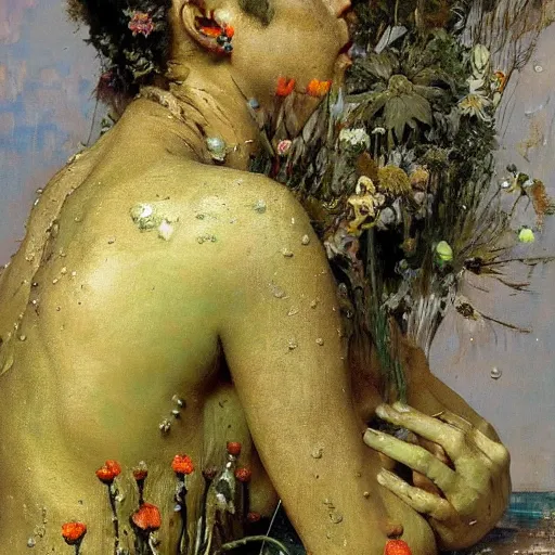 Prompt: a sculpture portrait made of water and sand and flowers and plants, painting part by wojciech siudmak, part by ilya repin, part by max ernst, part by norman rockwell, artstation