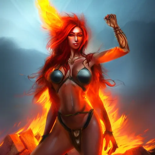 Image similar to Hot fire goddess, skin of flames, body made of fire, wearing armor, rampaging, stormy background, forest fire, breathing fire, fire in hand, concept art, tiny person watching, artstation, 4k