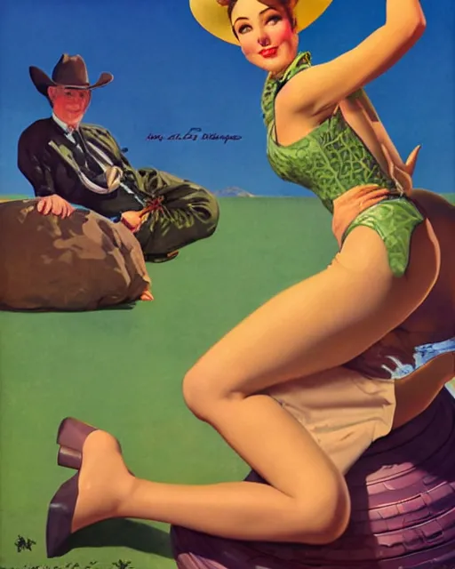 Prompt: Ril Mayer wearing purple green snakeskin cowhide motif and oversized cowboy hat promotes bottled bull run stimulant tonic SNAKE OIL, art by gil Elvgren and Ilya kuvshinov