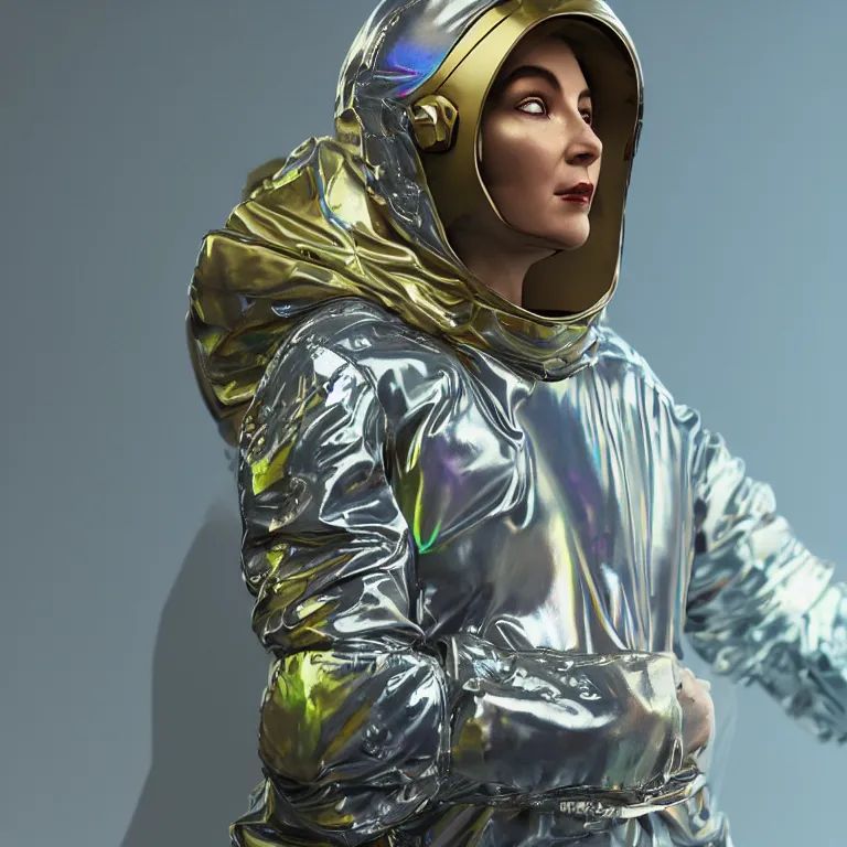 Image similar to octane render portrait by wayne barlow and carlo crivelli and glenn fabry, subject is a woman covered in tie - dye aluminum foil space suit with a iridescent metallic space helmet, inside a dark gothic rococo palace, cinema 4 d, ray traced lighting, very short depth of field, bokeh