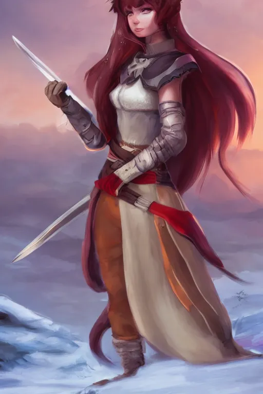 Image similar to a fox warrior princess holding a sword, snow, backlighting, trending on artstation, digital art, by kawacy, furry art