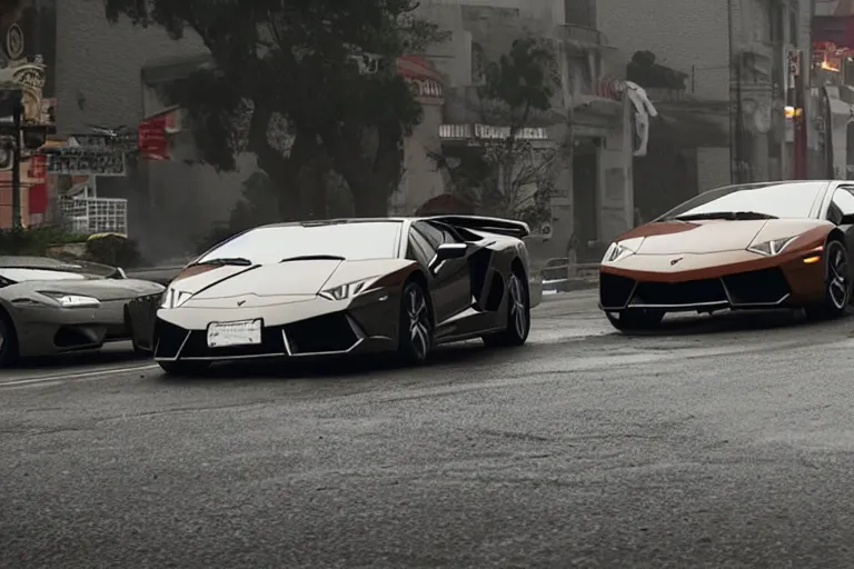 Image similar to A cinematic film still of a Lamborghini in the movie 2012.