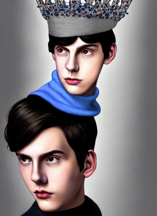 Image similar to portrait of teenage jughead jones wearing a light grey crown, crown, blue turtleneck, 1 9 5 0 s, closed eyes, photorealistic, black hair, glowing lighting, intricate, elegant, glowing lights, highly detailed, digital painting, artstation, concept art, smooth, sharp focus, illustration, art by wlop, mars ravelo and greg rutkowski