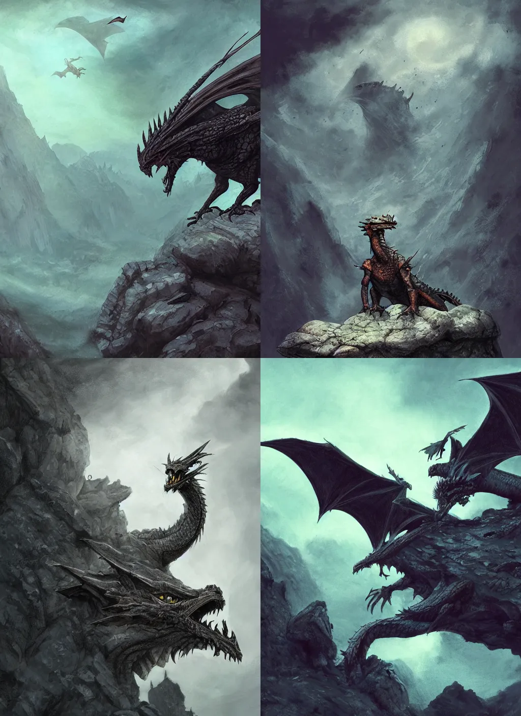Prompt: full view of a dragon sitting on a rock with ravens flying above his head in alan lee and marc simonetti and emil melmoth style , cinematic lighting