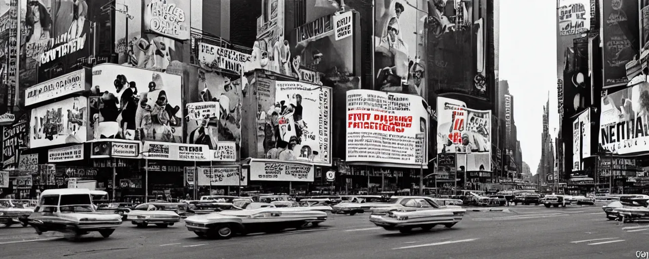 Prompt: wide shot of spaghetti advertisements in time square, 1 9 7 0's, fine detail, kodachrome, neon signs,