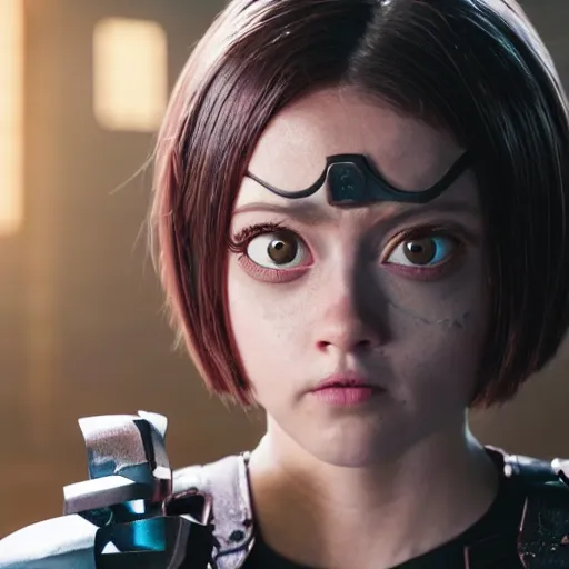 Image similar to Courtney Miller from Smosh as Alita in Alita:Battle Angel, Film Still, 35mm dramatic lighting, cinematic, deep focus, styleframe,