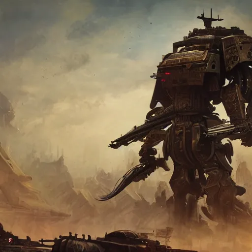 Prompt: gigantic bipedal humanoid war machine standing in a battlefield, steam punk, 70's sci-fi, in the style of Fenghua Zhong and Ruan Jia and Jermy lipking and peter mohrbacher, mystic colors, highly detailed, deep aesthetic, 8k, highly ornate intricate details, cinematic lighting, rich colors, digital artwork, ray tracing, hyperrealistic, photorealistic, cinematic landscape, trending on artstation,