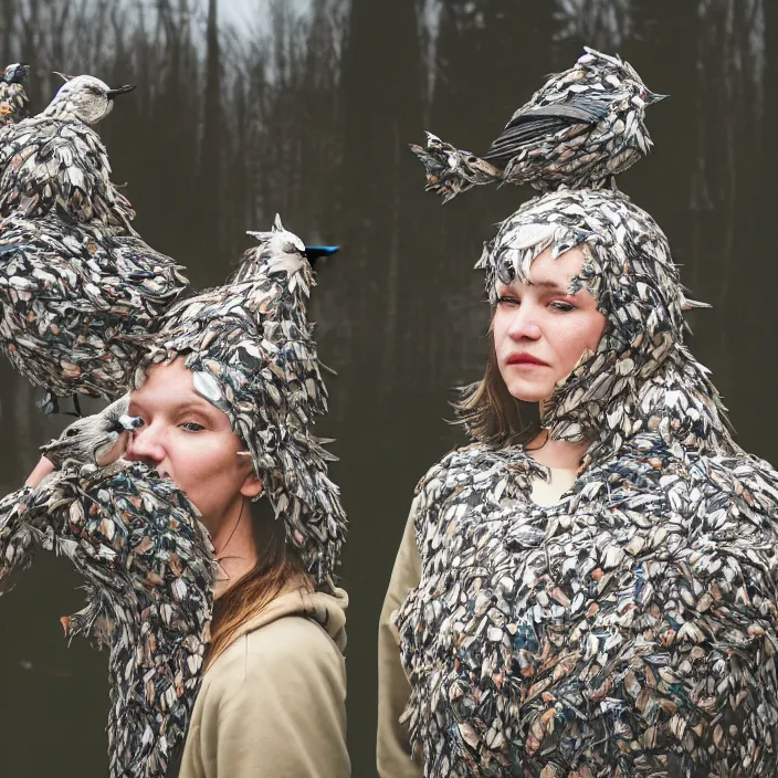 Image similar to a closeup portrait of a woman wearing a hood made of birds, in an abandoned theme park, by helen warner, canon eos c 3 0 0, ƒ 1. 8, 3 5 mm, 8 k, medium - format print