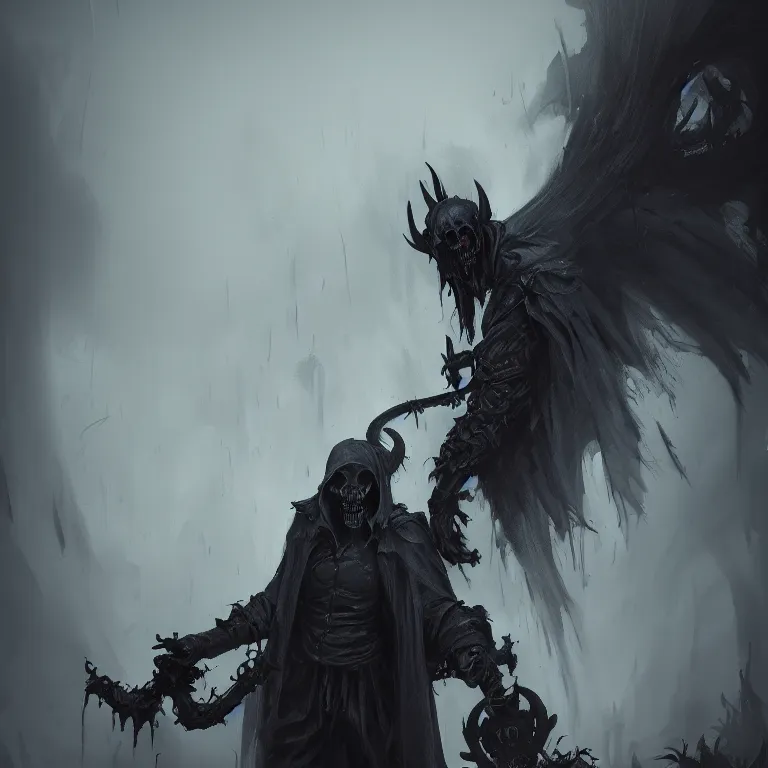Prompt: grim reaper, demons of hell, haunted spooky foggy graveyard, headshot photo, character concept, dark souls concept art, Feng Zhu concept art, dramatic lighting, highly stylized, trending on artstation, high-quality wallpaper, desktopography