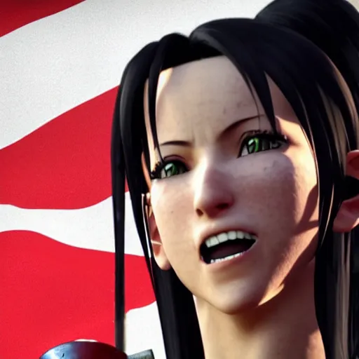 Image similar to Tifa Lockhart from the new Final Fantasy VII Remake (2020) laughing with the Italian flag in the background