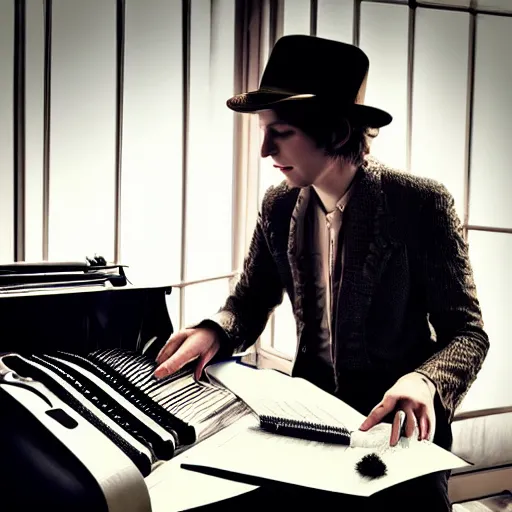 Prompt: the singer beck composing his next album on an old school typewriter, he is wearing a fedora and a scarf with tassels, the sun is going down, you can see the sun through the window, in the style of kilian eng