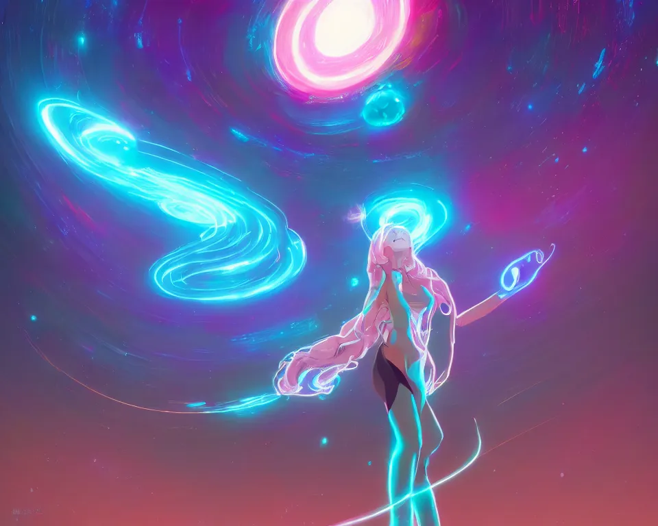 Image similar to a beautiful whimsical woman standing under a multi-colored binary blackhole with an accretion disc, casting magic, glowing trails following her arms, digital art, by Lois van Baarle, by Greg Rutkowski, by artgerm, by beeple, by studio ghibli, cinematic angle, volumetric lighting, 4k resolution, octane render, trending on artstation, masterpiece