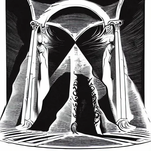 Image similar to In the center of the sculpture is a large gateway that seems to lead into abyss of darkness. On either side of the gateway are two figures, one a demon-like creature, the other a skeletal figure. vector art, cyanotype by Greg Land flowing
