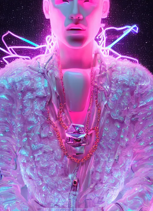 Image similar to photo of fullbodied baroque and bladerunner delicate neon diamond sculpture of seductive ceramic albino marble prince brian whittaker dotado mint iridescent humanoid deity wearing pink plastic fluffy hoody holding diamond skull in a white alien dungeon, reclining, glowing magenta face, crown of white diamonds, cinematic lighting, photorealistic, octane render 8 k depth of field 3 d