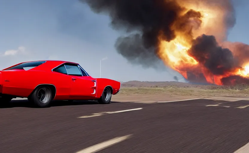 Image similar to a red 1 9 6 8 dodge charger r / tdriving high speed, fire explosion in the background, action scen. realistic. high resolution. dramatic