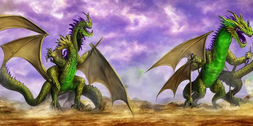 Prompt: an eighteen foot tall dragon with one green head one grey head one blue head one purple head and one gold head breathing fire from its purple head and attacking a small town in the middle of the desert