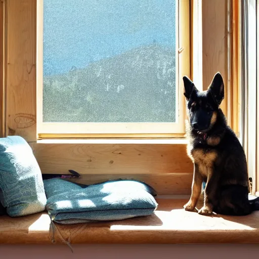 Prompt: low - angle photo from 2 0 feet distance. a german shepherd puppy sits on the sofa near a bay window in a small cozy kitchen. in front of the sofa is a kitchen table made out of wood. there are lots of art hung on the walls. the puppy waits patiently while looking outside on a warm and sunny day. muted colors, bill watterson, illustration