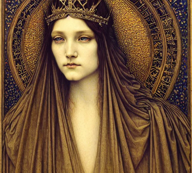 Image similar to detailed realistic beautiful young medieval queen face portrait by jean delville, gustave dore and marco mazzoni, art nouveau, symbolist, visionary, gothic, pre - raphaelite. horizontal symmetry