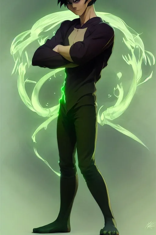 Image similar to a full body character design by artgerm, cushart krenz, greg rutkowski and alphonse mucha. young danny phantom!! glowing green eyes!! sharp teeth!! symmetrical background, face sharp edges. ultra clear detailed. 8 k. ultra detailed, elegant, intricate, octane render.