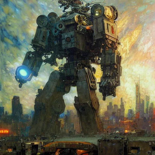 Image similar to six meters tall mech fighting in an urban environment, epic action scene, by gaston bussiere craig mullins jc leyendecker gustav klimt artgerm greg rutkowski john berkey, bergey, craig mullins, ruan jia, raymond swanland, jeremy mann, tom lovell, alex malveda