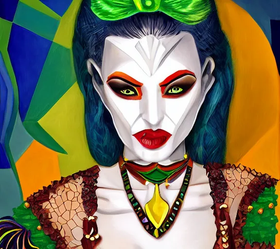 Image similar to beautiful female character inspired by new orleans mardi gras and cubism vampire bounty hunter | | digital artwork made by greg rutswork, anna dittmann and lois van barlee, symmetrical rim light, anatomically correct