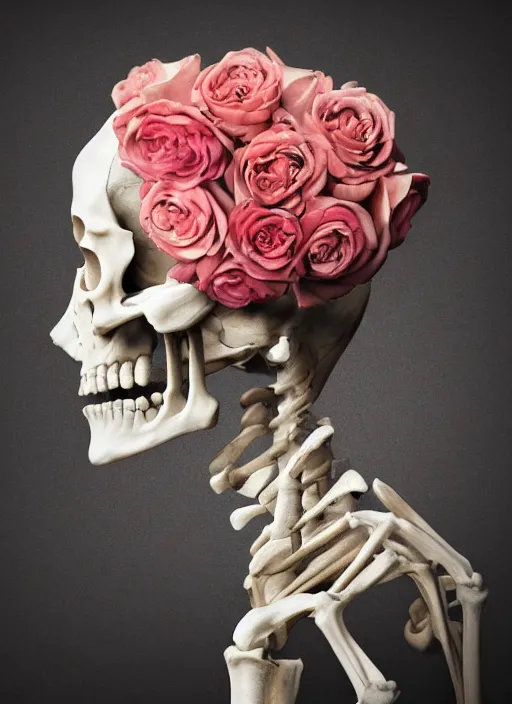 Prompt: a womans face in profile made of roses skeleton in the style of the dutch masters and gregory crewdson dark and _ moody