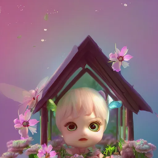 Image similar to a tiny cute fairy in a flower house, beautiful face, large eyes, cute, adorable, volumetric light, octane render, trending on artstation