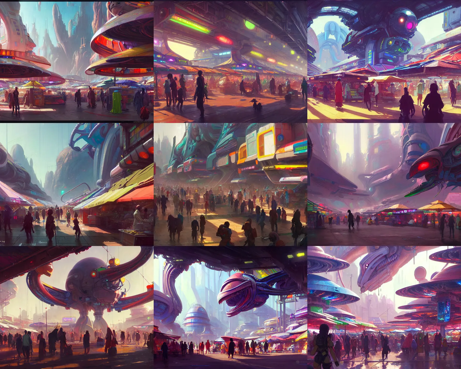 Prompt: colorful, haphazard, bustling marketplace in an alien spaceport, alien merchants at market stalls, anime, a sci-fi digital painting by Greg Rutkowski and James Gurney, trending on Artstation, highly detailed