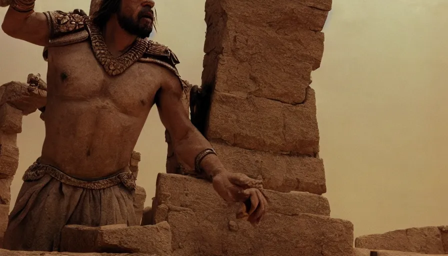 Prompt: dramatic movie stills by david lean of javier bardem as gilgamesh sumerian king climbing triumphantly a ziggurat, sumerian epic movie, cinestill 8 0 0 t eastmancolor technicolor, high quality, very detailed, heavy grain, fine facial features, 8 k, octane render