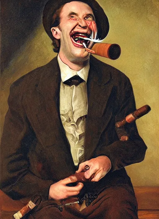 Image similar to Portrait of Duncan Trussel laughing demonically while smoking a pipe. Disturbing