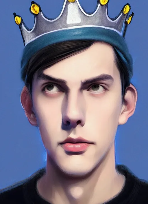 Image similar to portrait of teenage jughead jones wearing a light grey crown, crown, blue turtleneck, 1 9 5 0 s, closed eyes, photorealistic, black hair, glowing lighting, intricate, elegant, glowing lights, highly detailed, digital painting, artstation, concept art, smooth, sharp focus, illustration, art by wlop, mars ravelo and greg rutkowski