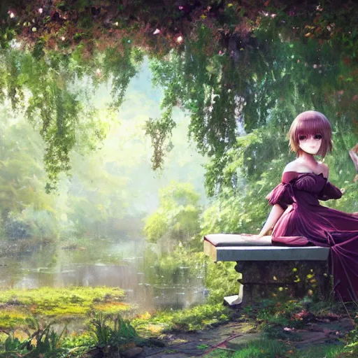 Prompt: beautiful young girl in intricate clothing, sitting on a bench of an overgrown abandoned castle, reflections, very high intricate details, painting, digital anime art, medium shot, mid - shot, wlop, ilya kuvshinov, artgerm, krenz cushart, greg rutkowski, sana takeda