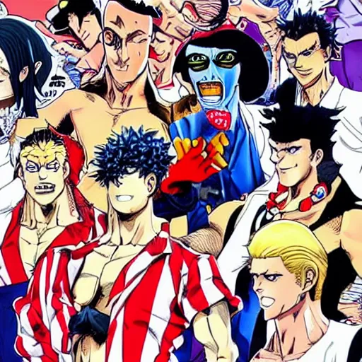 Image similar to drunk English football fans in Jojo's Bizarre Adventure by Hirohiko Araki