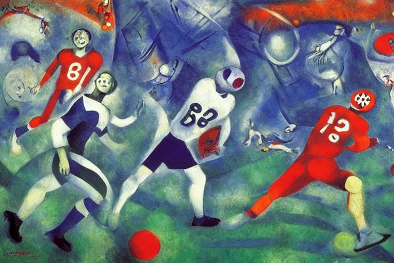 Image similar to ! dream a futuristic football game, painting by chagall, trending on artstation