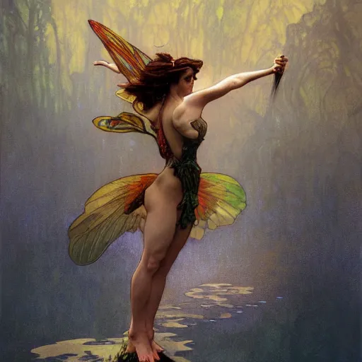 Prompt: Dark fantasy fairy flying over a lake, concept art, fantasy, award-winning art, 4k, sharp, dramatic lighting, cinematic, by Alphonse Mucha, James Gurney