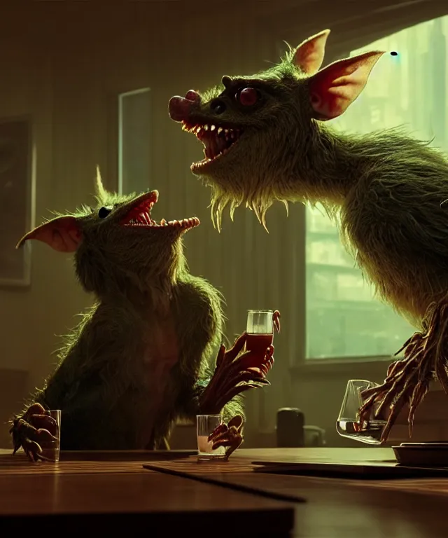 Prompt: realistic detailed image of a giant Gremlins drinking alcohol, still from a movie by Terrence Malick, Tarkovsky, Gaspar Noe, James Cameron, intricate artwork by Tooth Wu and wlop and beeple, greg rutkowski, very coherent symmetrical artwork, cinematic, hyper realism, high detail, octane render, unreal engine, 8k, Vibrant colors, Smooth gradients, High contrast, depth of field