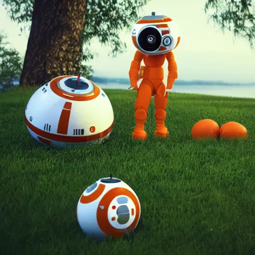 Image similar to bb 8 and hal 9 0 0 0 having a picnic, octane render, unreal engine, 8 k, hyperrealistic, photorealism