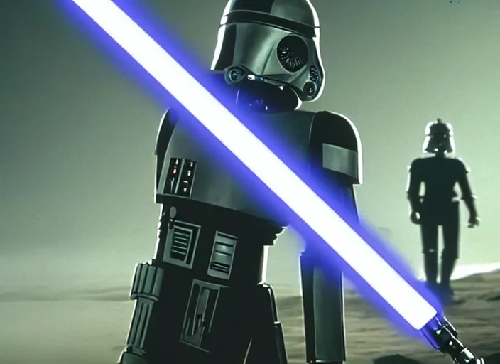 Image similar to screenshot of the jedi sithtrooper droid with lightsaber arms, iconic scene from the lost Star Wars film, Shadows Of the Empire, 1990 directed by Stanely Kubrick, lens flare, moody cinematography, with anamorphic lenses, crisp, detailed, 4k