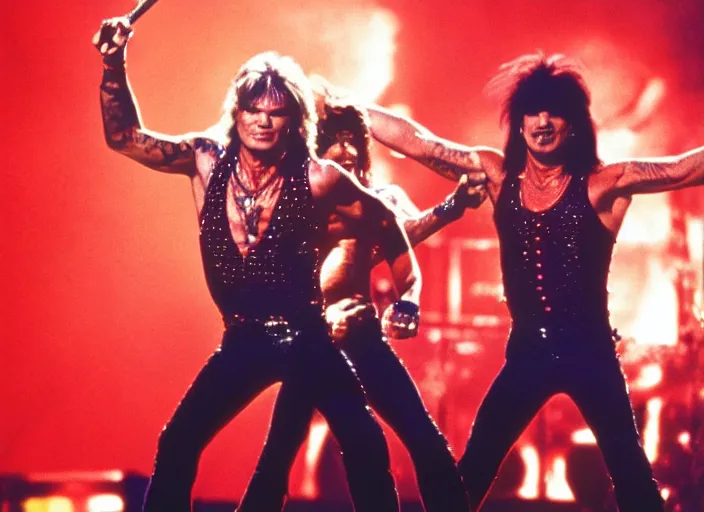 Image similar to publicity photo still of patrick swayze in motley crue live on stage, 8 k, live concert lighting, mid shot